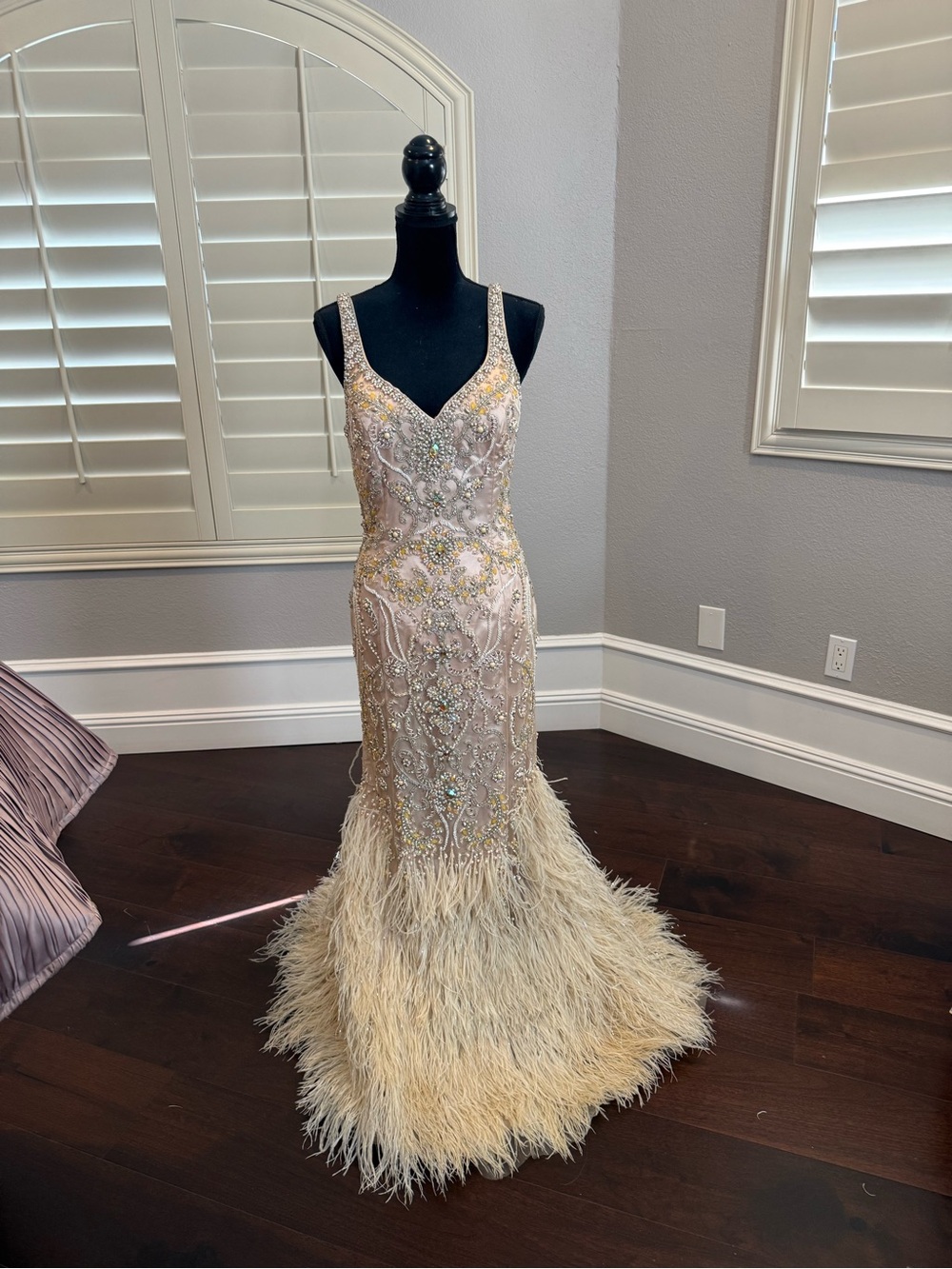 Terani Couture Blush and Champagne Beaded Feathered Gown
